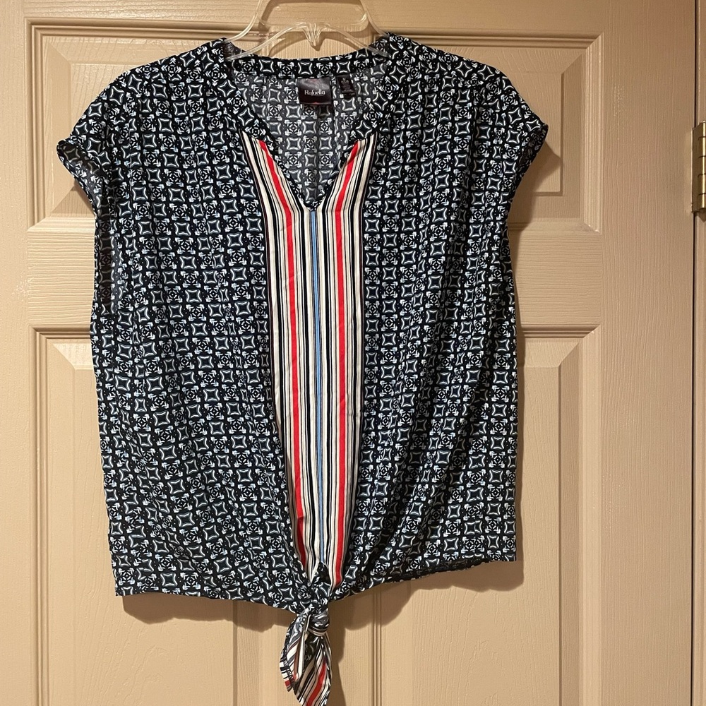 Rafaella‎ Elegant Navy Patterned Blouse with Tie Front, Size Small
